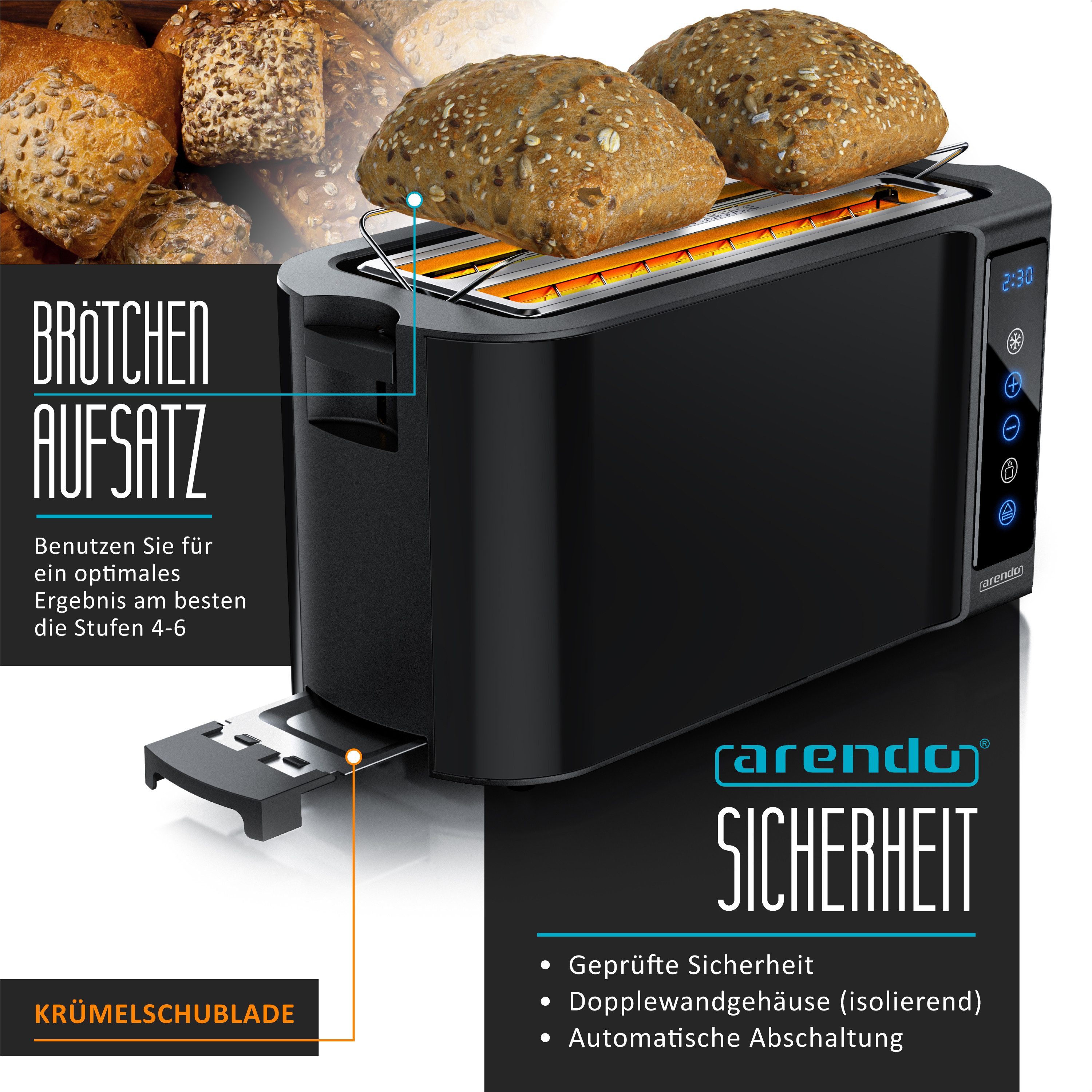 Arendo Toaster Wärmeisoliertes Doppelwandgehäuse, Display mit Restzeitanzeige, 2 lange Schlitze, für 4 Scheiben, 1500 W, Langschlitz, Touchpanel, Brötchenaufsat – Bild 4 von 5
