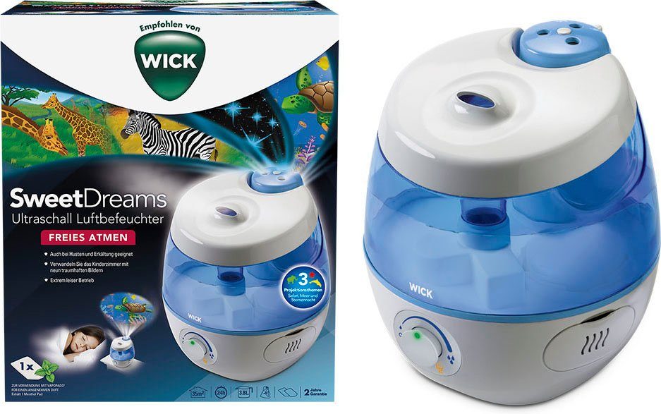 WICK Luftbefeuchter SweetDreams Kaltluft-Luftbefeuchter mit Lichtprojektion - WUL575, 3,8 l Wassertank, Projiziert 3 Motive: Safari, Ozean und Sternenhimmel