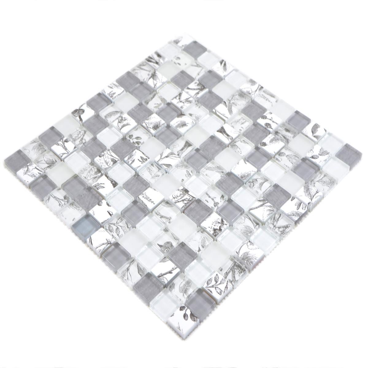 Mosafil Mosaikfliesen Glasmosaik Fliesen Cornelia Retrooptik, Glas 30.000x30.000, weiß-grau, Verlegefertig auf ein Netz geklebt - Wasserfest