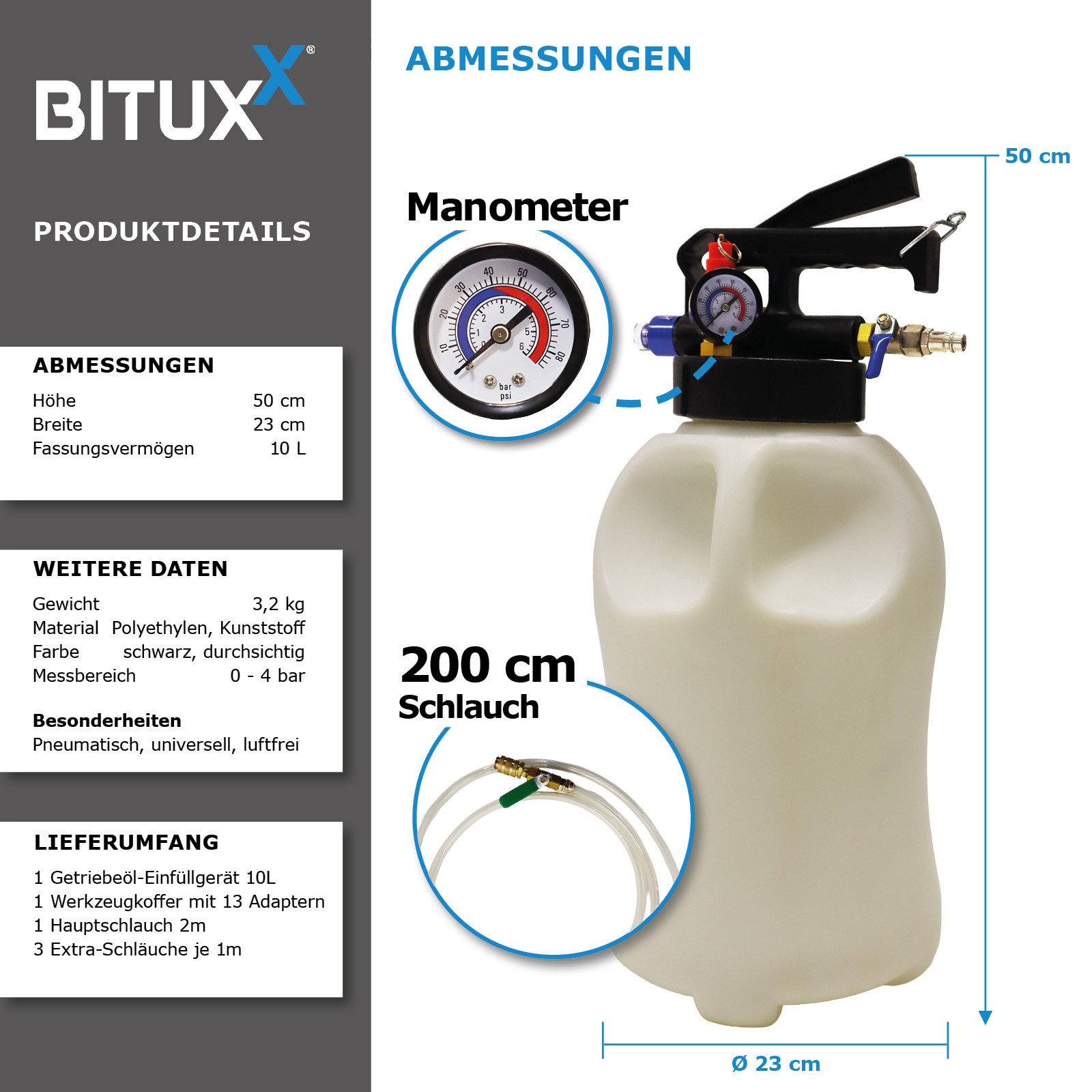 Bituxx Ölabsaugpumpe Getriebeöl Einfüllgerät Pneumatisch 10L (Set, 6-tlg., MS-19584) – Bild 3 von 5