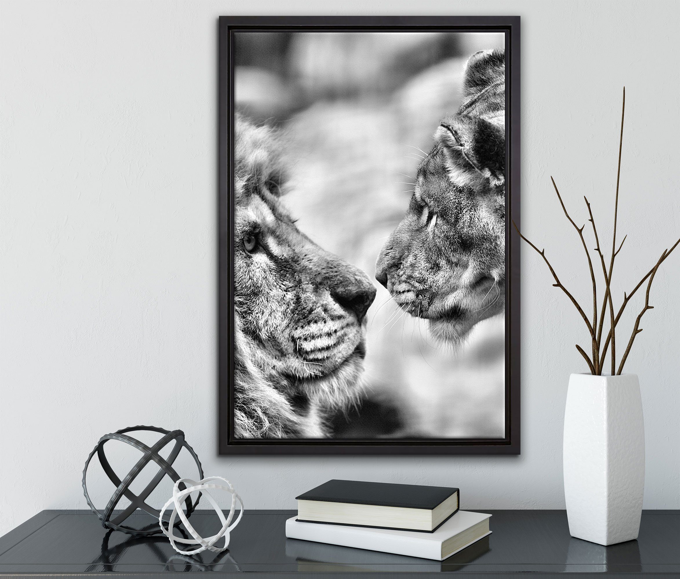 Pixxprint Leinwandbild Verliebtes Löwenpaar, Wanddekoration Schattenfugen-Bilderrahmen St), gefasst, fertig Zackenaufhänger Leinwandbild inkl. in (1 bespannt, einem