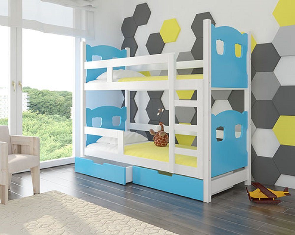Feldmann-Wohnen Hochbett MARABA (Etagenbett mit 2 Schlafgelegenheiten) Farbe wählbar Kiefer weiß / Absetzungen: blau