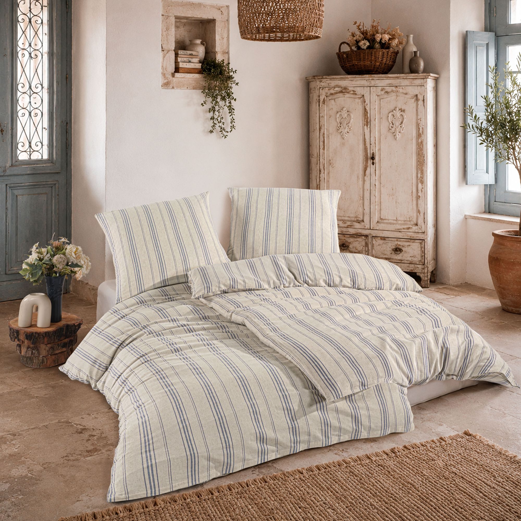 KK Shopping Kinderbettwäsche Leinen Bettwäsche Set 135x200 cm 2-teilig gestreift Beige Blau, 2 teilig, Langlebig
