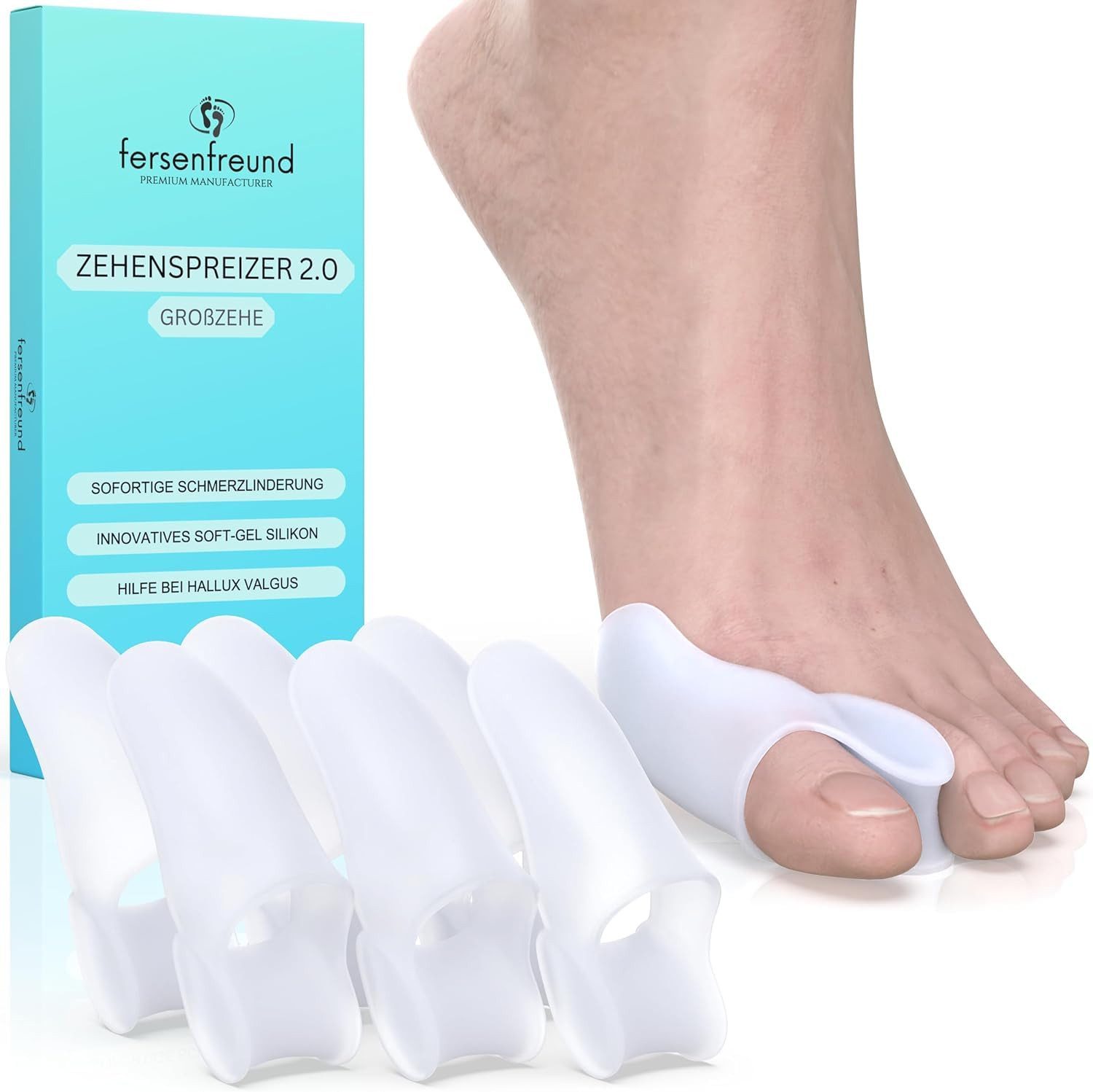 FERSENFREUND Zehenspreizer FERSENFREUND© Hallux Valgus Korrektur Zehenspreizer aus Silikon 6 Stk., 6-tlg., für Tag & Nacht Hallux-Valgus Bandage Ballenkorrektur Zehenkorrektur