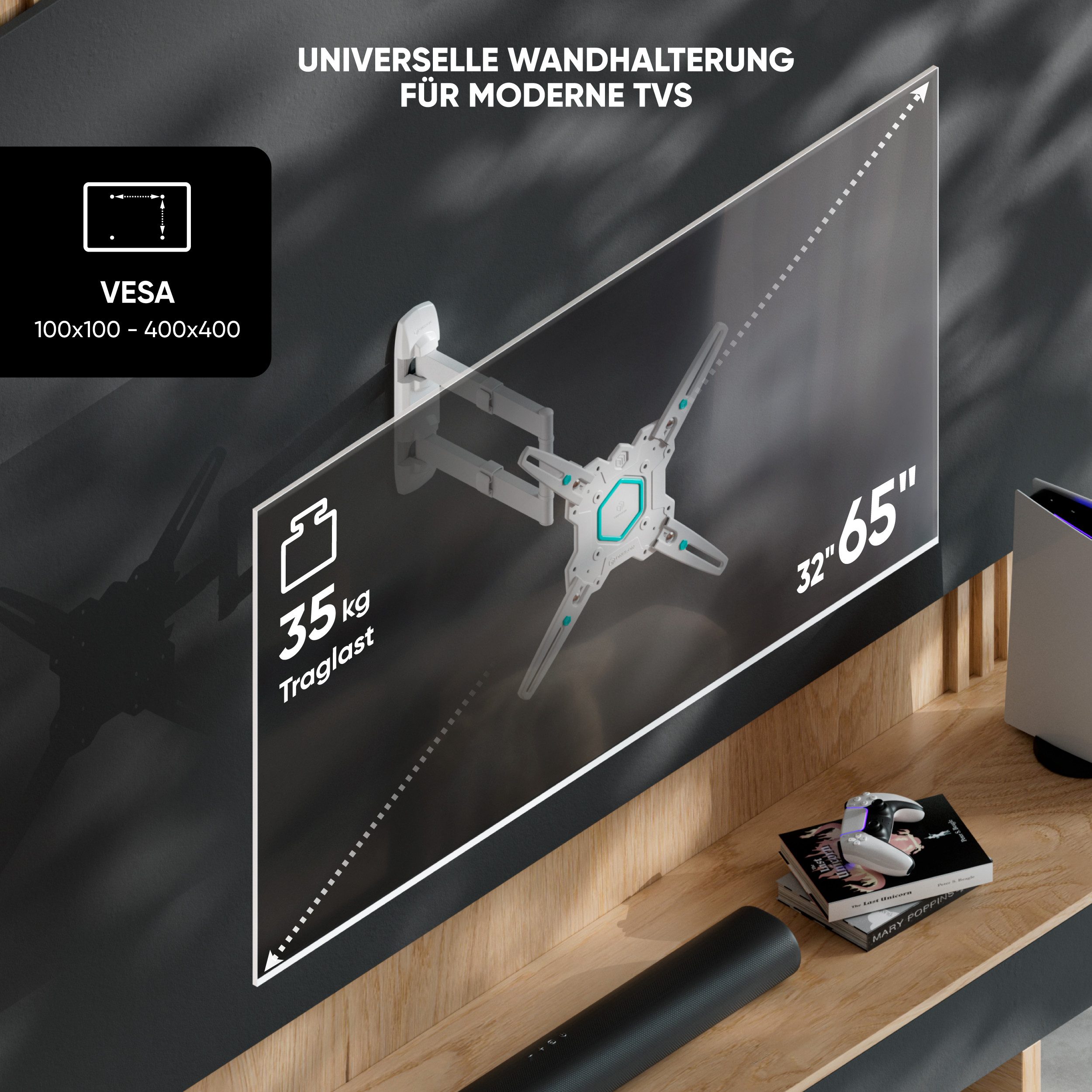 ONKRON TV-Wandhalterung 32-65 Zoll, bis 35 kg, VESA 100x100-400x400, M4-W, (bis 65 Zoll, schwenkbar, neigbar, ausziehbar, Kabelmanagement) – Bild 3 von 5