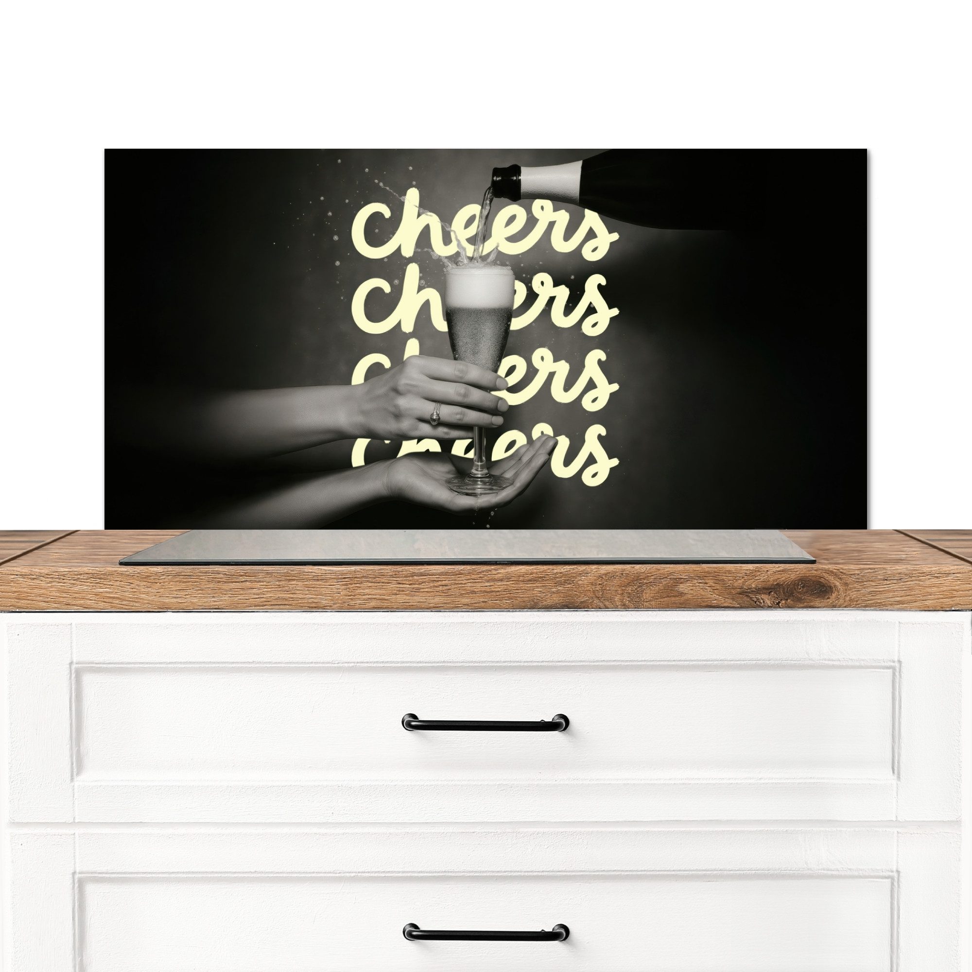 KitchenYeah Küchenrückwand Prost - Wein - Schwarz - Weiß, (1-tlg), Kückenrückwand Platten, Spritzschutz Herd, 90x45 cm