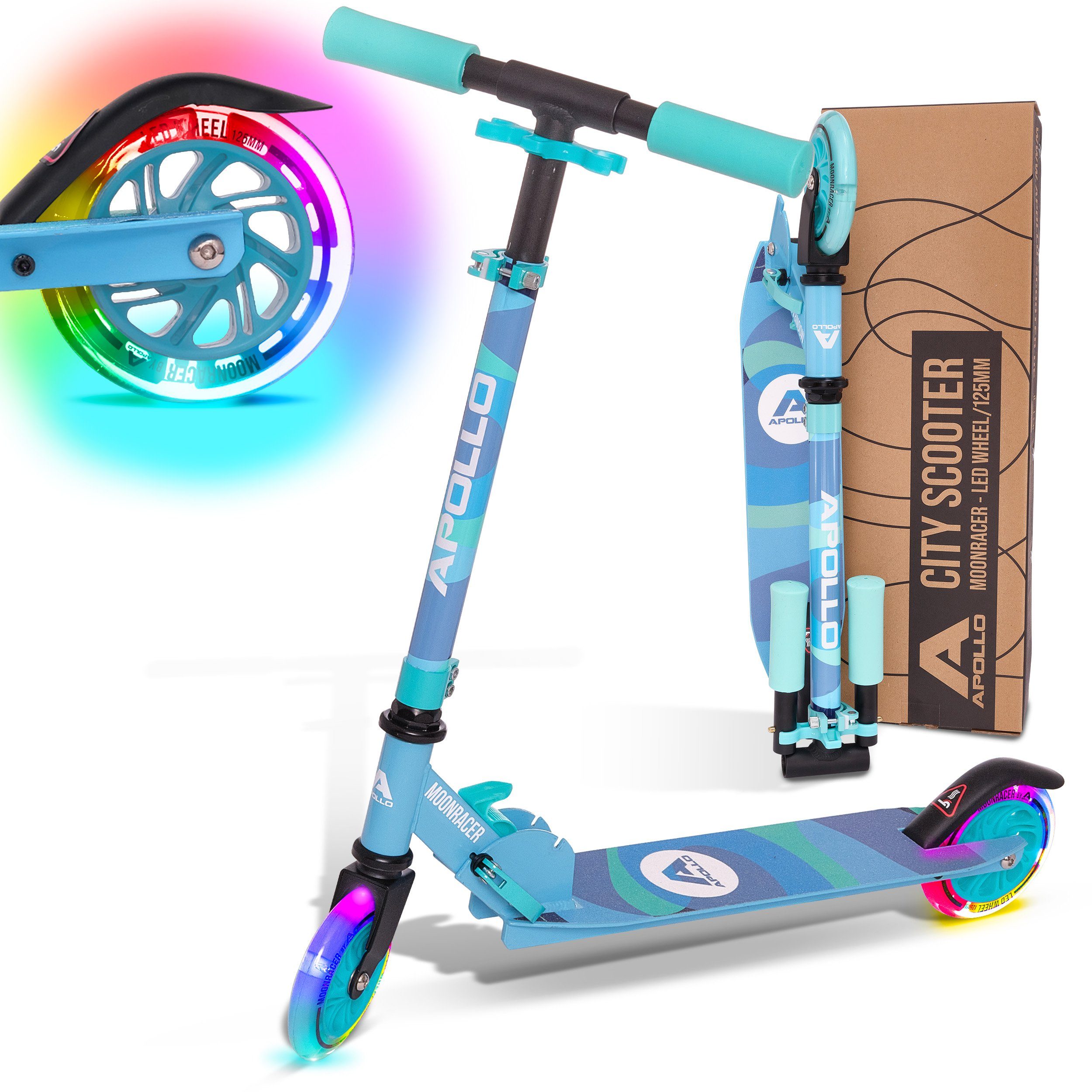 Apollo Cityroller LED City Scooter für Kinder Moonracer 125 mm Tretroller, Kinderroller ab 4 Jahre klappbar und höhenverstellbar