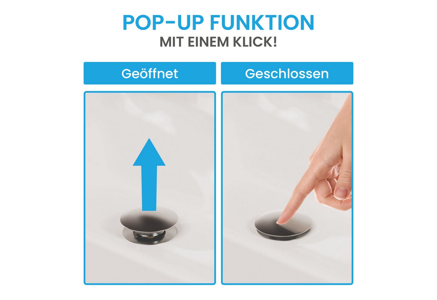 Thumbnail - Bächlein Ablaufgarnitur Waschbeckenabfluss Pop Up (Waschbeckenstöpsel mit Überlauf) Werkzeugloser Einbau - Click Clack F...