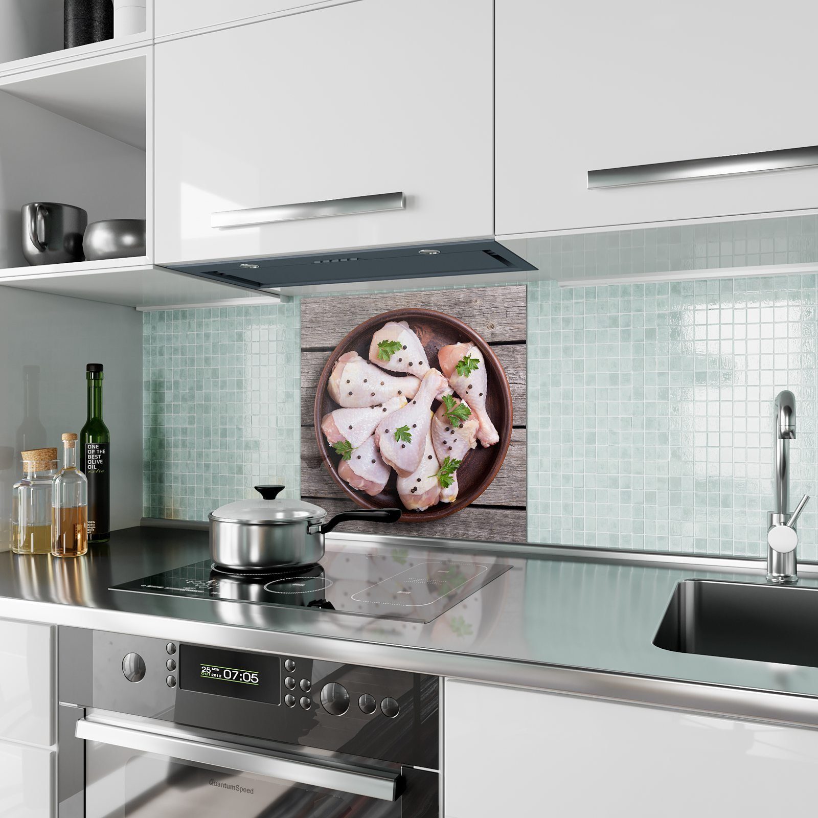 Spritzschutz Küchenrückwand auf Primedeco mit Motiv Teller Hühnchen Küchenrückwand Glas
