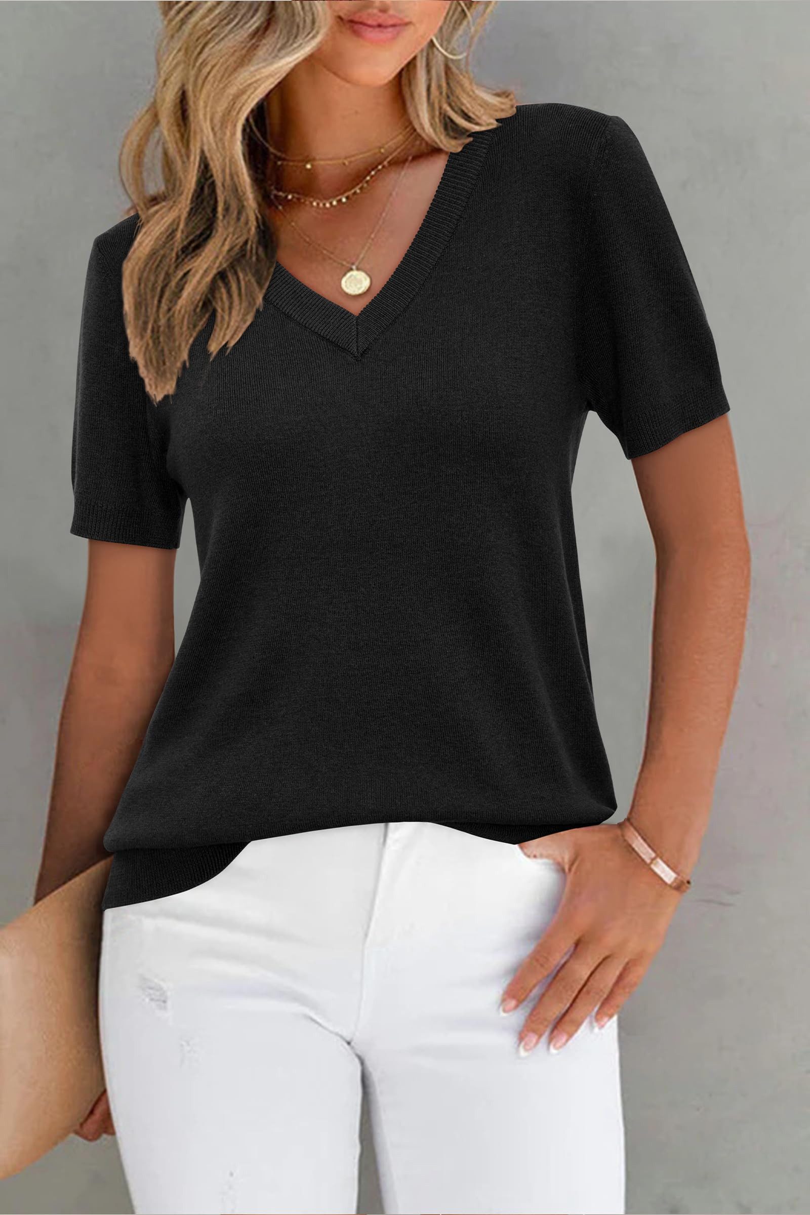 Arach&Cloz Kurzarmpullover Damen Pullover Wollmischung Kurzarm V Ausschnitt Basic-Pullover
