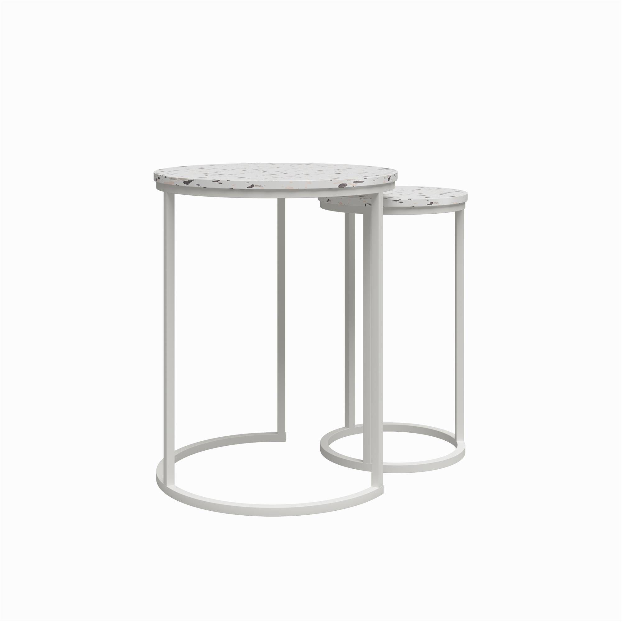 loft24 Satztisch Amelia (Set, 2-St., 2er-Set), Metallgestell, runde Tischplatte, Terrazzo-Optik, weiß