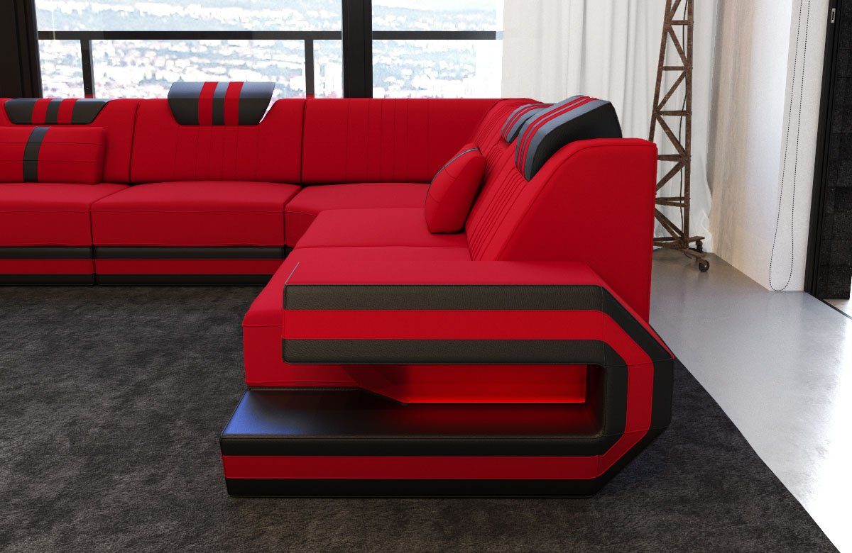 M Sofa Mikrofaser Wohnlandschaft wahlweise Hocker Polster Dreams Sofa Form Ragusa Stoff Couch rot-schwarz Design mit U Stoffsofa,