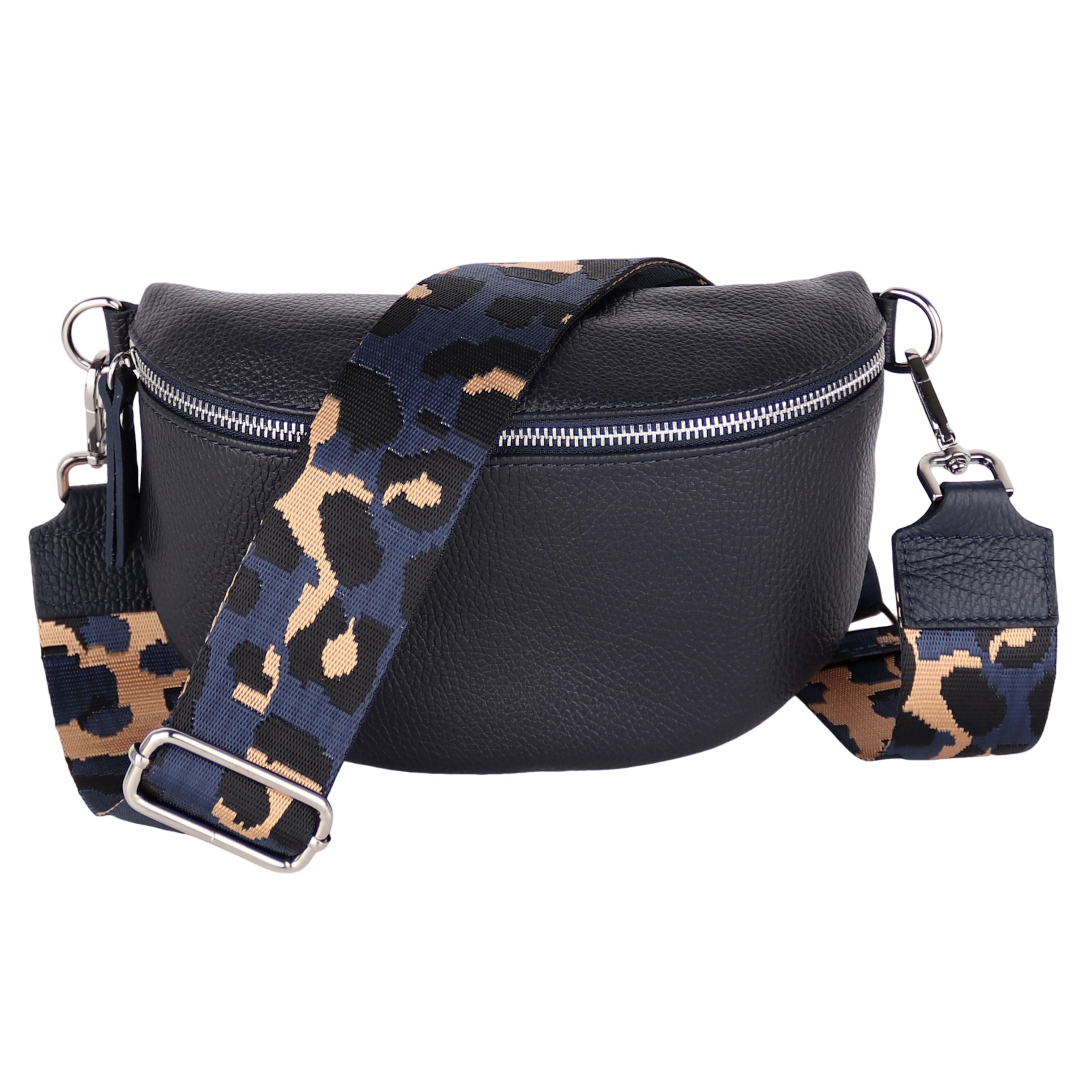 MIRROSI Bauchtasche Damen, Echtleder, Made in Italy, Umhängetasche, Brusttasche, (Schultertasche für jeden Anlass (1 Tasche & 2 Gurte), Crossbody Bag, Navy, gemusterten& verstellbaren Schulterriemen