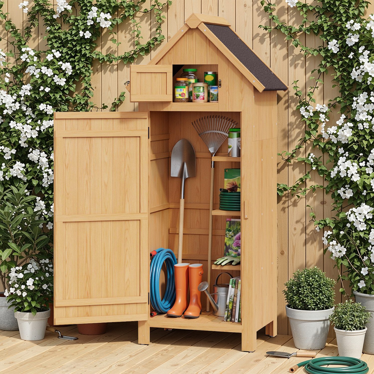 Bealife Gartenhaus Gartenschrank, Holz, wetterfest, mit 3 Regalböden, 78 x 48 x 178 cm