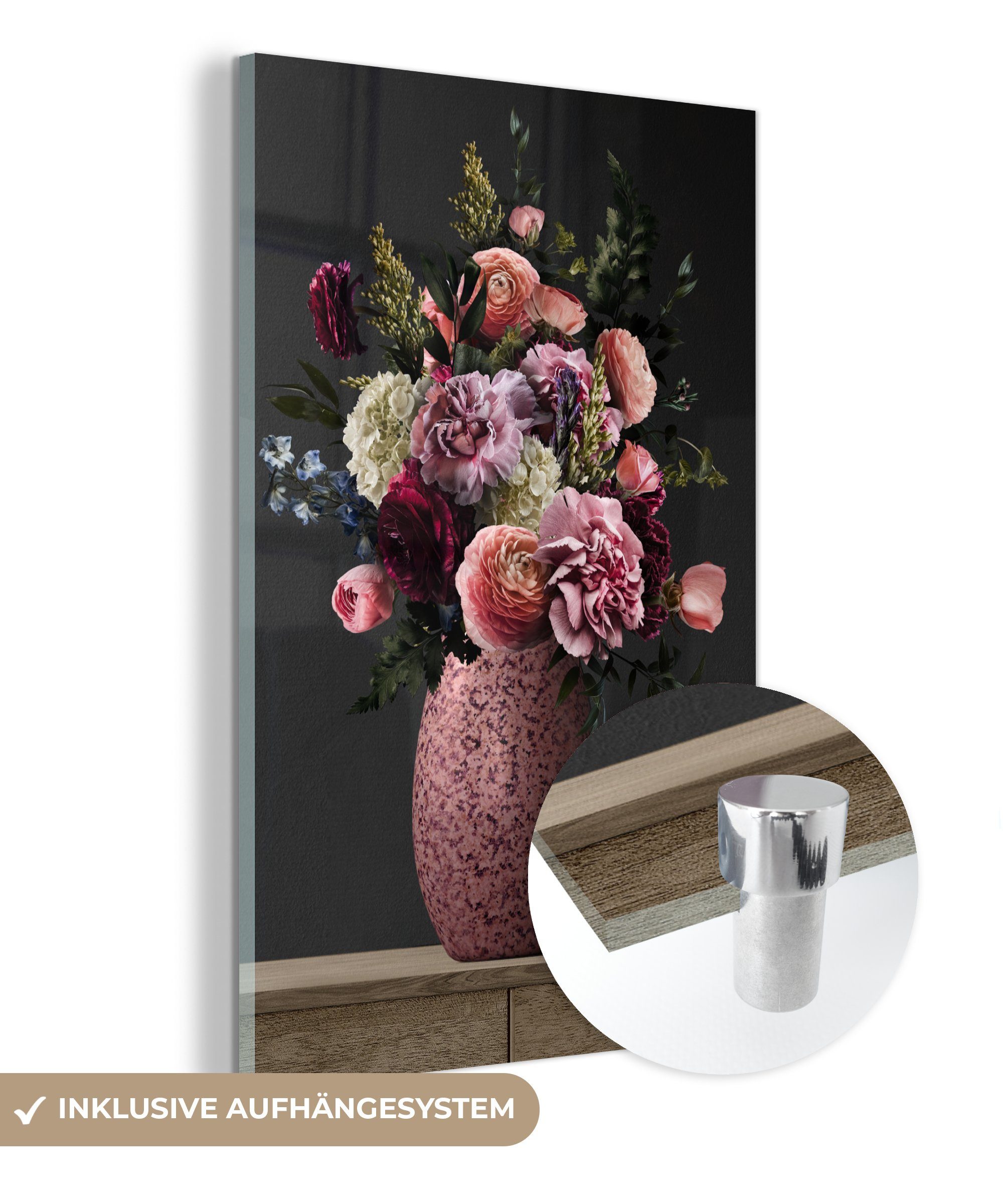 MuchoWow Acrylglasbild Farben - Blumen - Vase, (1 St), Glasbilder - Bilder auf Glas Wandbild - Foto auf Glas - Wanddekoration