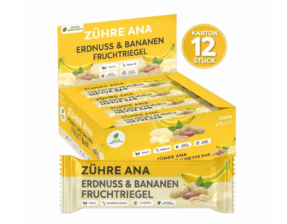 Zühre Ana® Riegel Erdnuss Banane Fruchtriegel 12x – Vegan, Glutenfrei, Zuckerfrei, 420 g, Praktischer und leckerer Snack, 35gr x 12 Stück