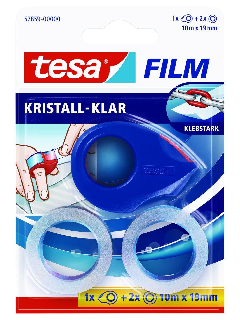 Klebehaken tesa Film + Mini Abroller 10 m x 19 mm, rot-blau