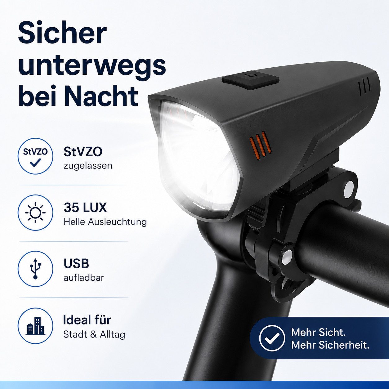 Kityhome Fahrrad-Frontlicht Fahrradlicht StVZO mit K-Nummer, 60LUX USB Frontlicht, Universell für alle Fahrradlenker