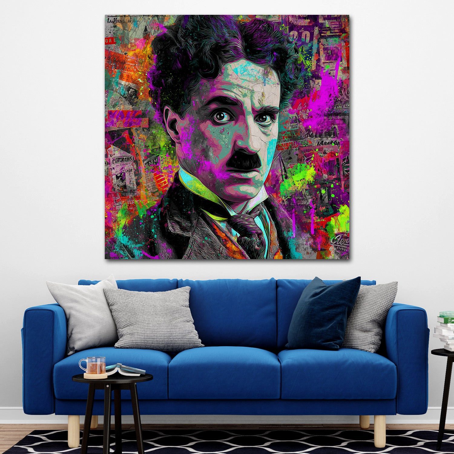 Artedinoi Leinwandbild Pop Art Chaplin Porträt Neonfarben Leinwandbild Wandbild Kunstdruck XL, Chaplin in Neonfarben