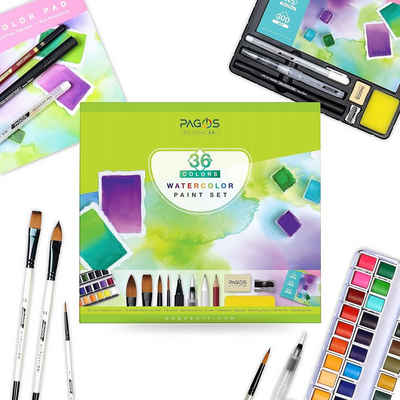 PAGOS Aquarellfarbe Aquarellfarben Set Profi 36 Festes Pigment Malkasten, Aquarellpapiere für Künstler, Studenten, Erwachsene Wasserfarben
