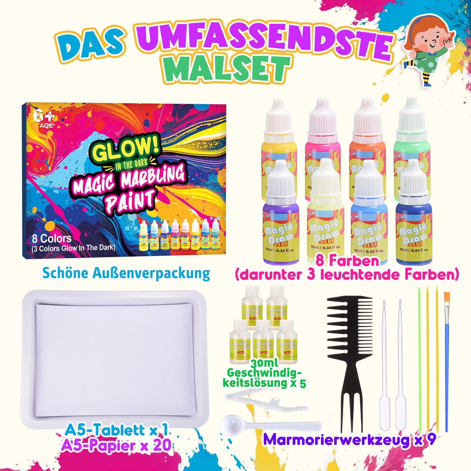 Wootoy Kreativset Wasser-Marmorierfarben Set DIY Mal- und Kunstset Kreativ-Bastelset, (mit 8 Farben 20 Blättern 9 Werkzeugen und A5-Tablett, 1-tlg., Fördert Kreativität Konzentration Feinmotorik durch Experimentieren), Geschenkset für Kinder die Kunst Farben und DIY-Projekte lieben