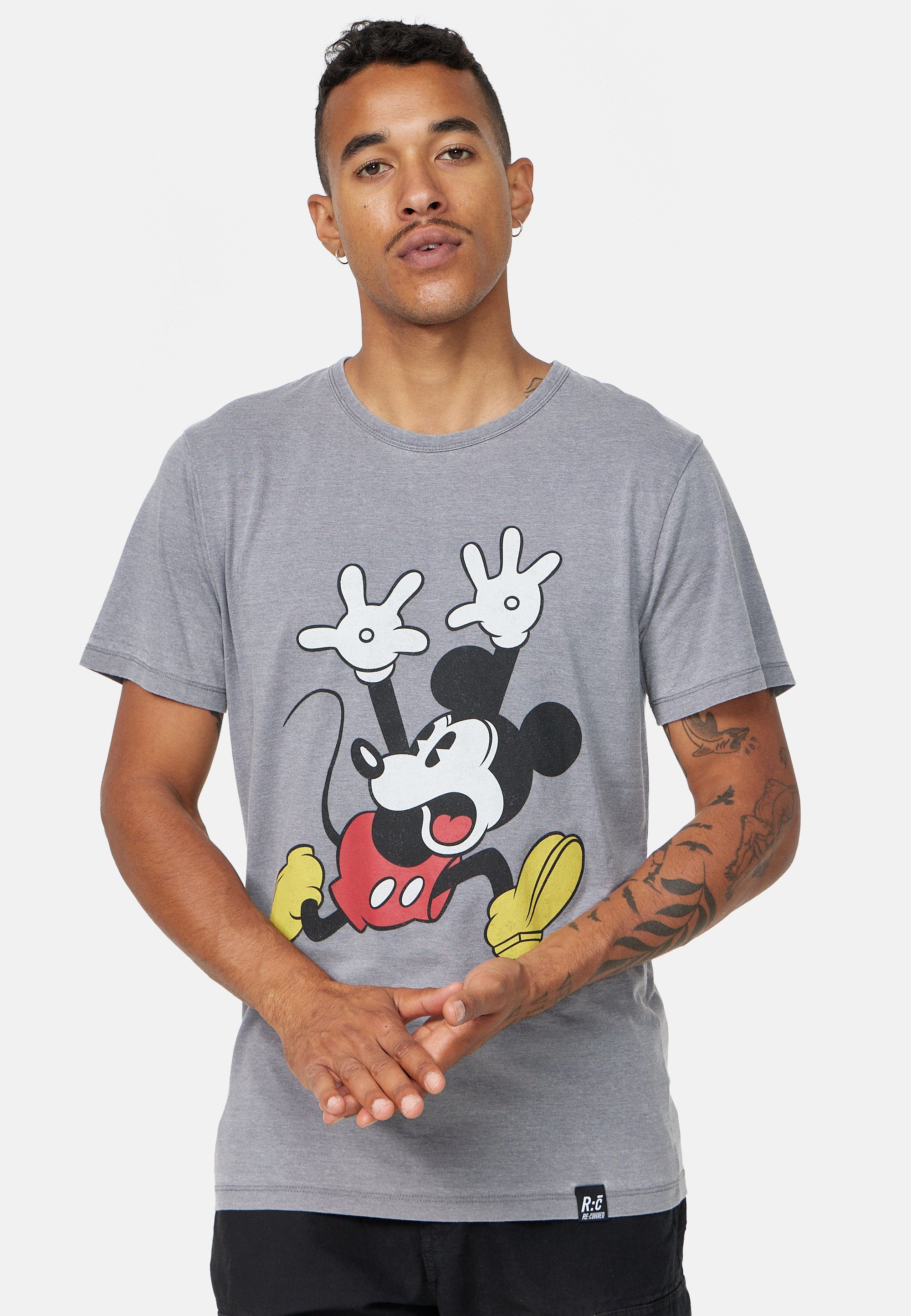 Recovered T-Shirt Disney Mickey Mouse Panic GOTS zertifizierte Bio-Baumwolle Hellgrau