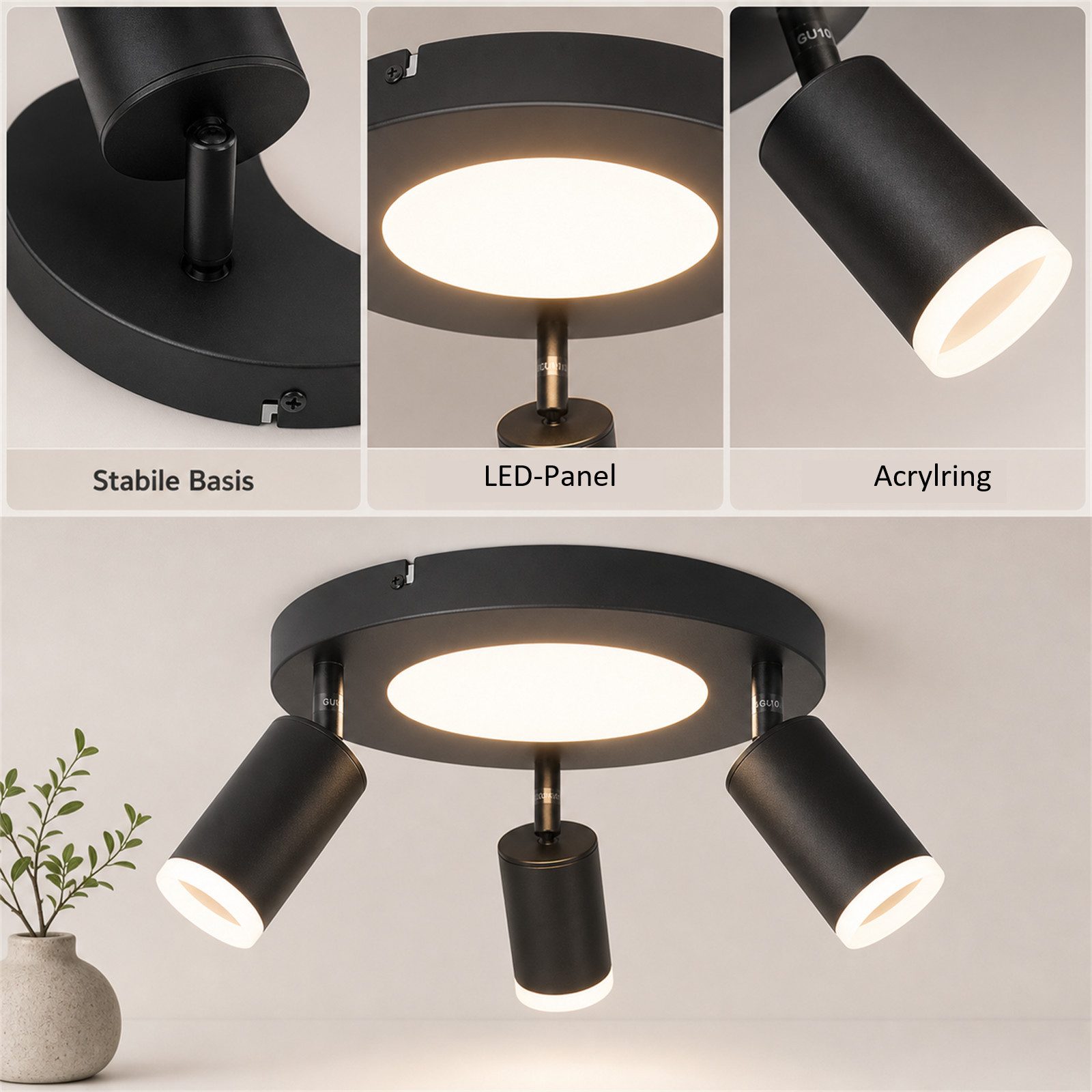 ZMH Deckenstrahler 3 Flammig Schwarz/Weiß GU10 Deckenlampe 20W 3000K für Flur und Küche, Warmweiß – Bild 3 von 5