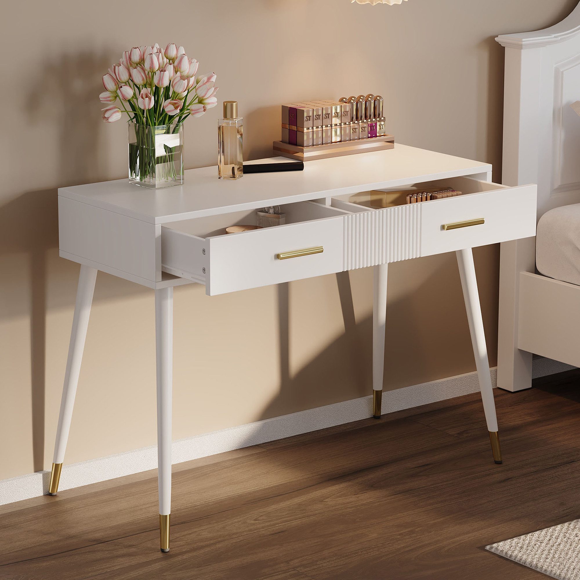 STILVORA Schminktisch Frisiertisch mit spiegel Kosmetiktisch Schminkkommode mit Metallfüße (Schminktisch Weiß mit 2 Schubladen & Goldfüßen, B100/D40/H76 cm)