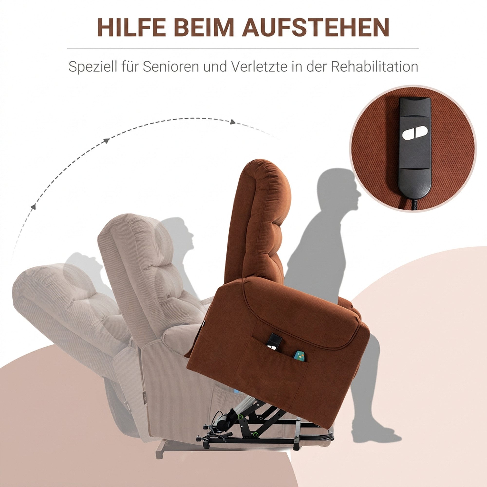 HOMCOM Massagesessel Fernsehsessel mit Aufstehhilfe, Massagesessel mit Liegefunktion (Set, 1-St., Massagesessel), Massagesessel mit Liegefunktion, Braun – Bild 4 von 5