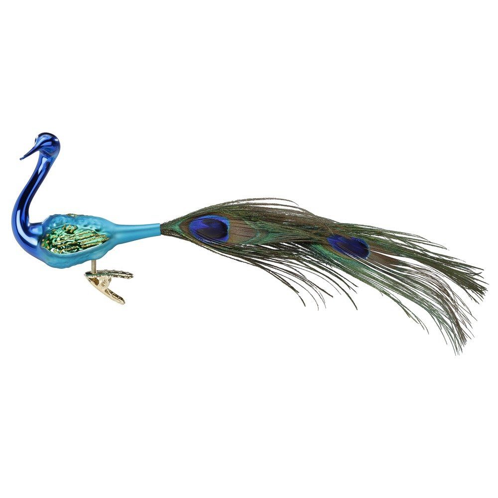 INGE-GLAS® Christbaumschmuck, Christbaumschmuck Glas Vogel Pfau auf Clip 8,5cm Türkis Blau