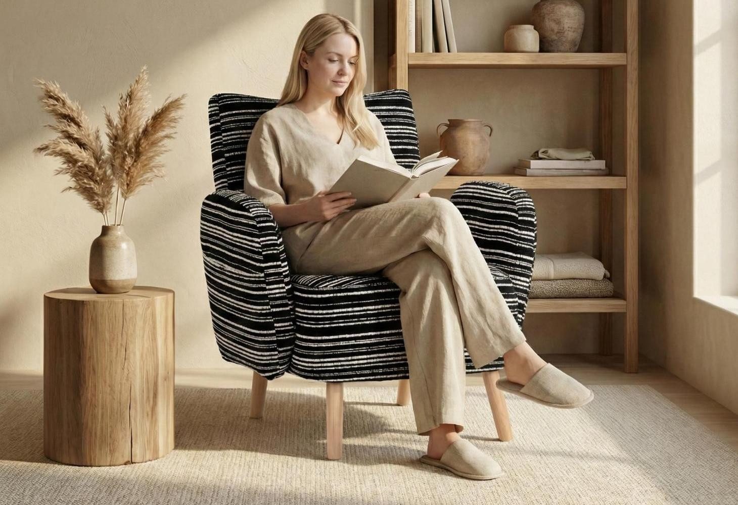 LVHOM Loungesessel Einzelsessel,Massivholzbeine,breite Sitzfläche,modernes Streifendesign (Ausgestattet mit Seitentaschen, robust und stabil, reich gepolstert, geschwungenes Design, 1-St., rutschfestes Design, Belastbarkeit 230kg), bequemer Lesesessel, geeignet für Wohnzimmer, Schlafzimmer und Büro