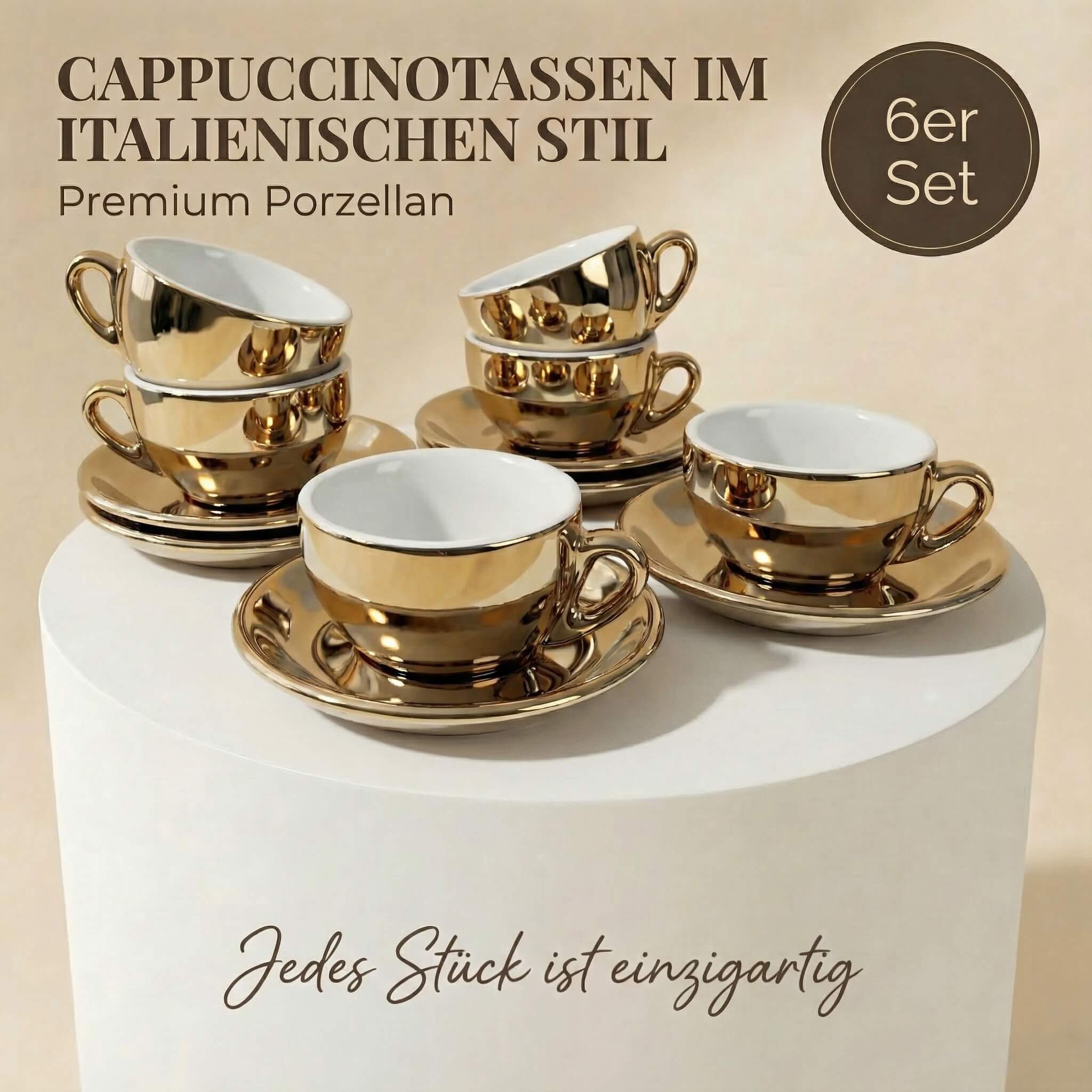 MUVELL Cappuccinotasse 6er Cappuccino-Set "FLORENZ" Tasse 200ml + Untertasse, gold, 6-tlg., Keramik, 200 ml robust