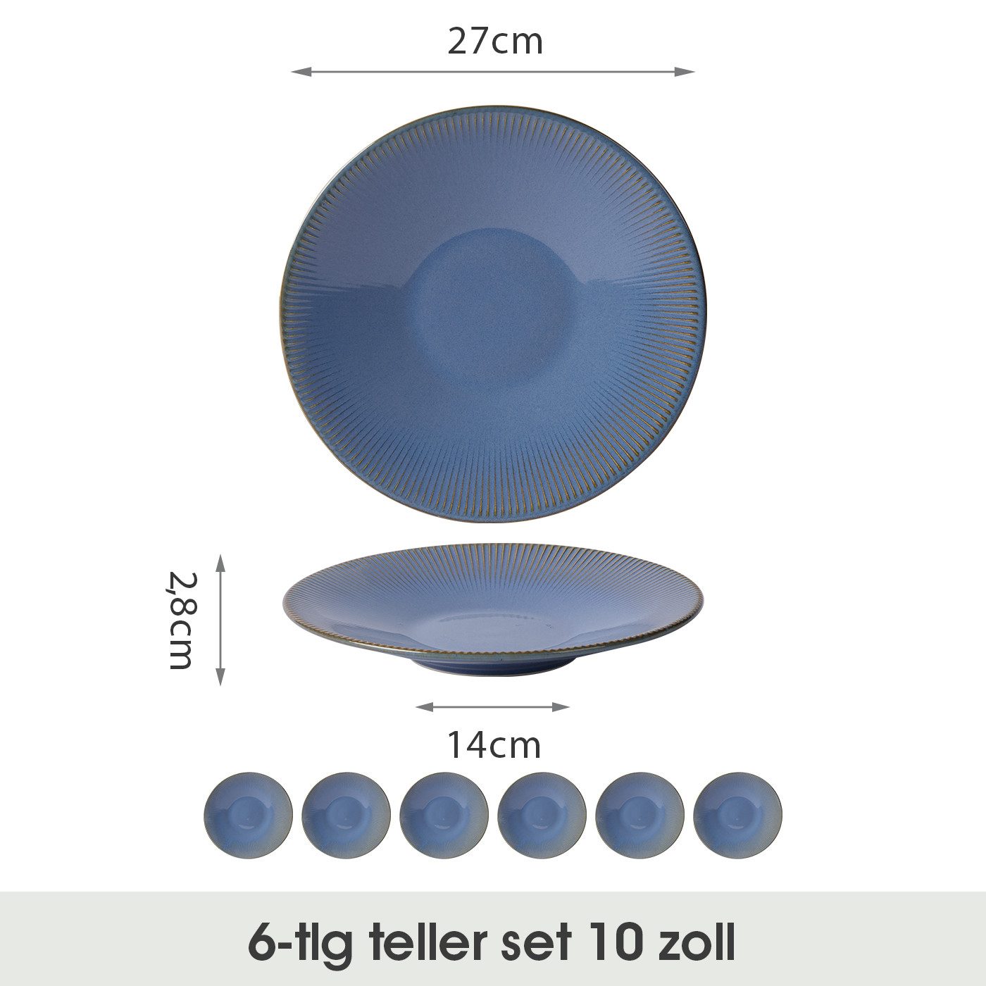 JIWOO Teller 6er Ø27cm, Speiseteller Pastateller Dessertteller Salatteller Plate, (6 St), 10 Zoll Keramik Tellerset Blau Mikrowellen spülmaschinenfest
