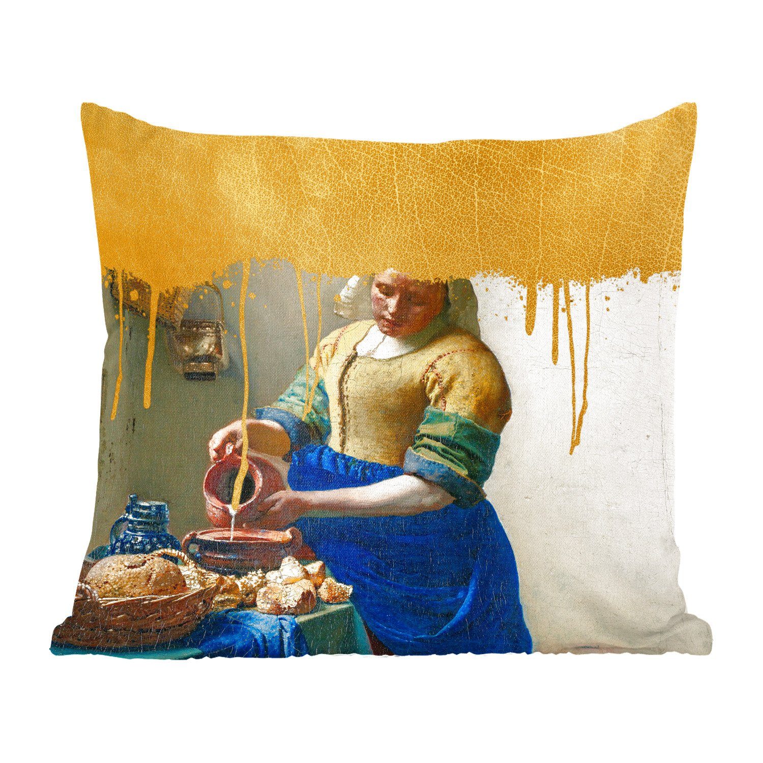 Milchmädchen MuchoWow Schlafzimmer, Vermeer, - Füllung mit - für Dekokissen Zierkissen Sofakissen Wohzimmer, Deko, Gold