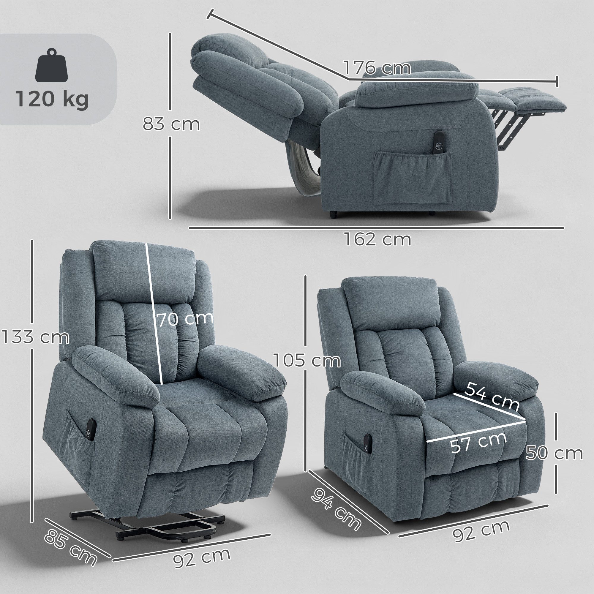 HOMCOM Relaxsessel Fernsehsessel mit Aufstehhilfe, Elektrisch Relaxsessel (Relaxsessel, 1-St., TV-Sessel), für Wohnzimmer, Samt, Grau – Bild 3 von 5