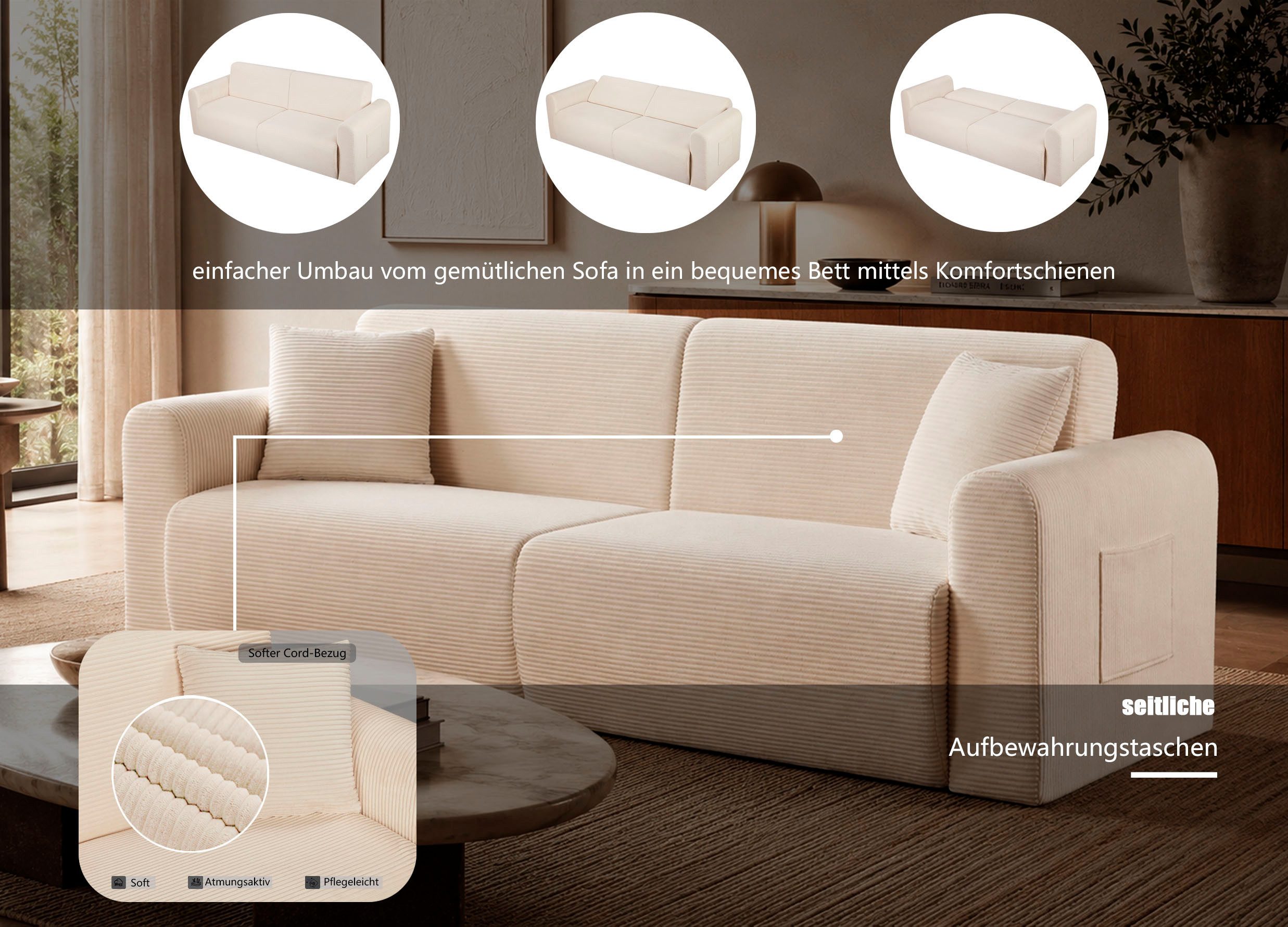 OTTO home 3-Sitzer JONAA Schlafsofa 225 cm, Liegefläche 105/187 cm, softer Cord-Bezug – Bild 3 von 5