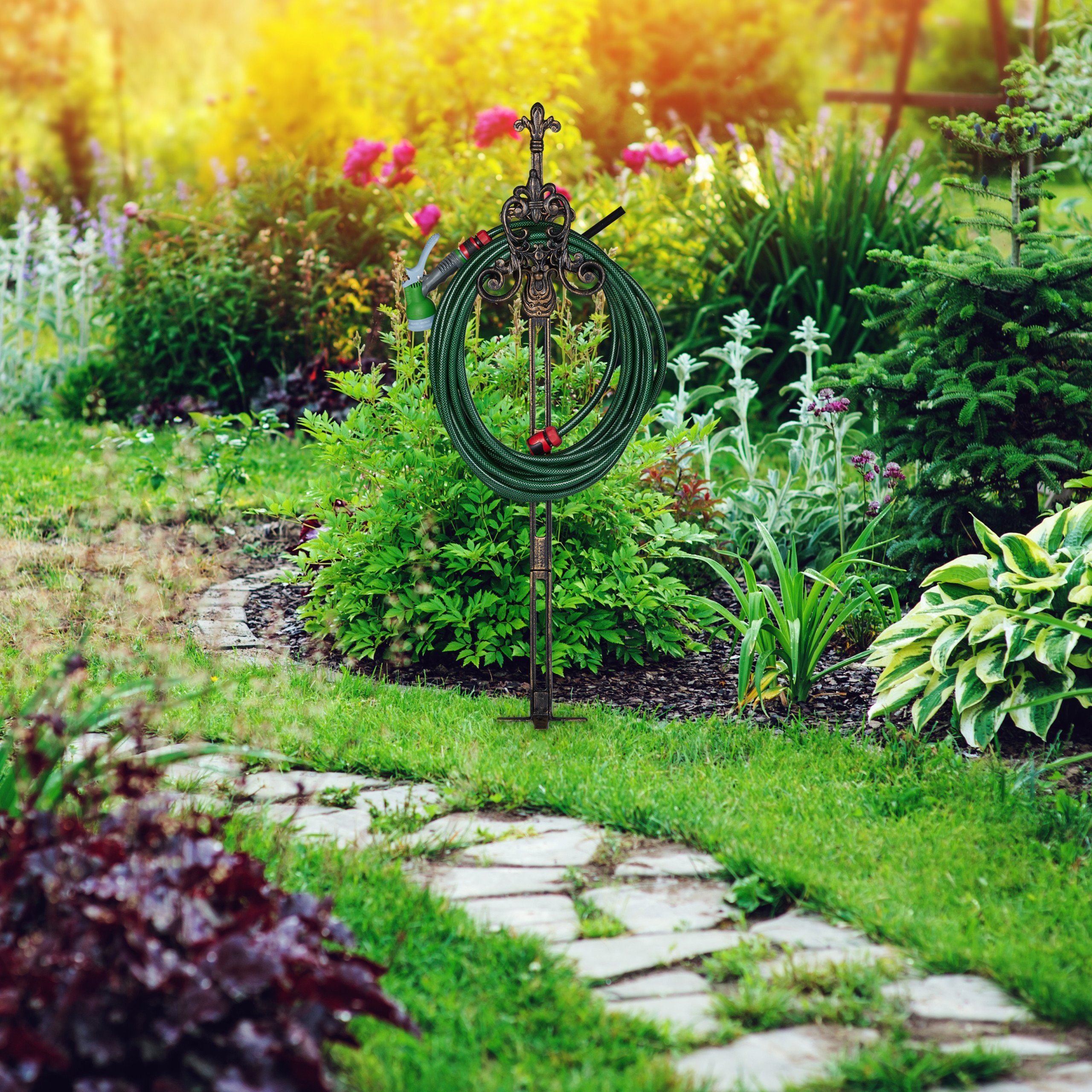 relaxdays Schlauchhalterung Schlauchhalter stehend Gusseisen, (Bronze)