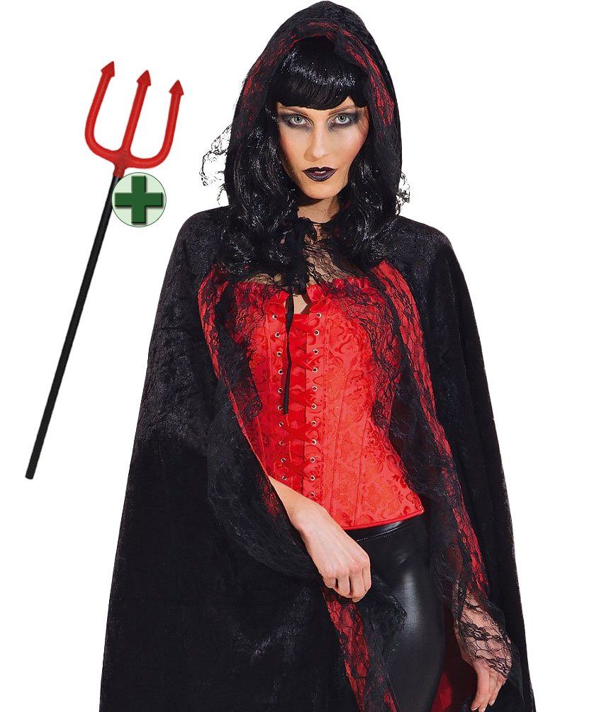 Karneval-Klamotten Teufel-Kostüm Damen Umhang mit Kapuze schwarz rot u Teufelsgabel, Teufelin Teufelscape Damenkostüm mit Teufelsdreizack Halloween