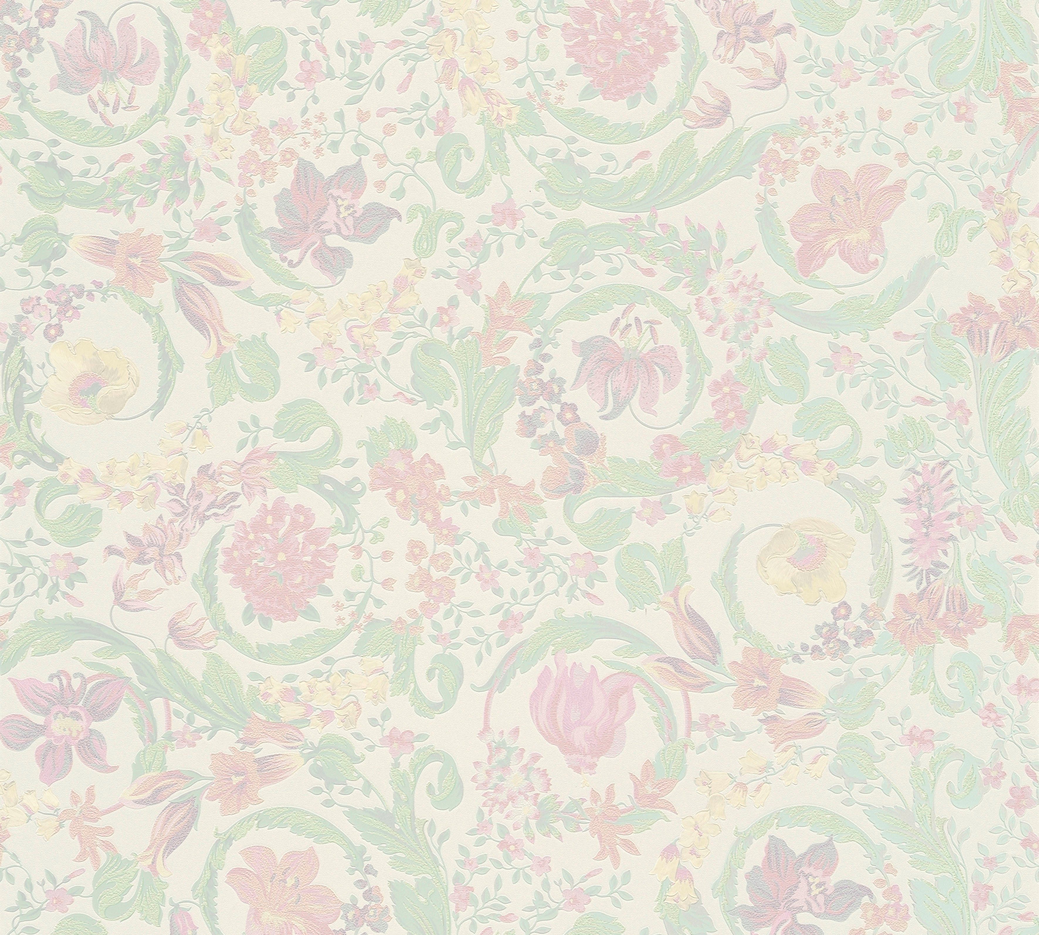 Versace Vliestapete Wallpaper Versace 5 Floral, leicht strukturiert, leicht glänzend, (1 St), Designertapete mint/rosa/weiß