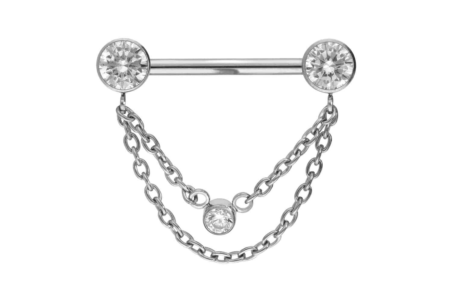 PIERCINGLINE Brustwarzenpiercing Titan Barbell mit Push Fit 2 KETTEN + KRISTALLDISCS (Barbells, 1-tlg)