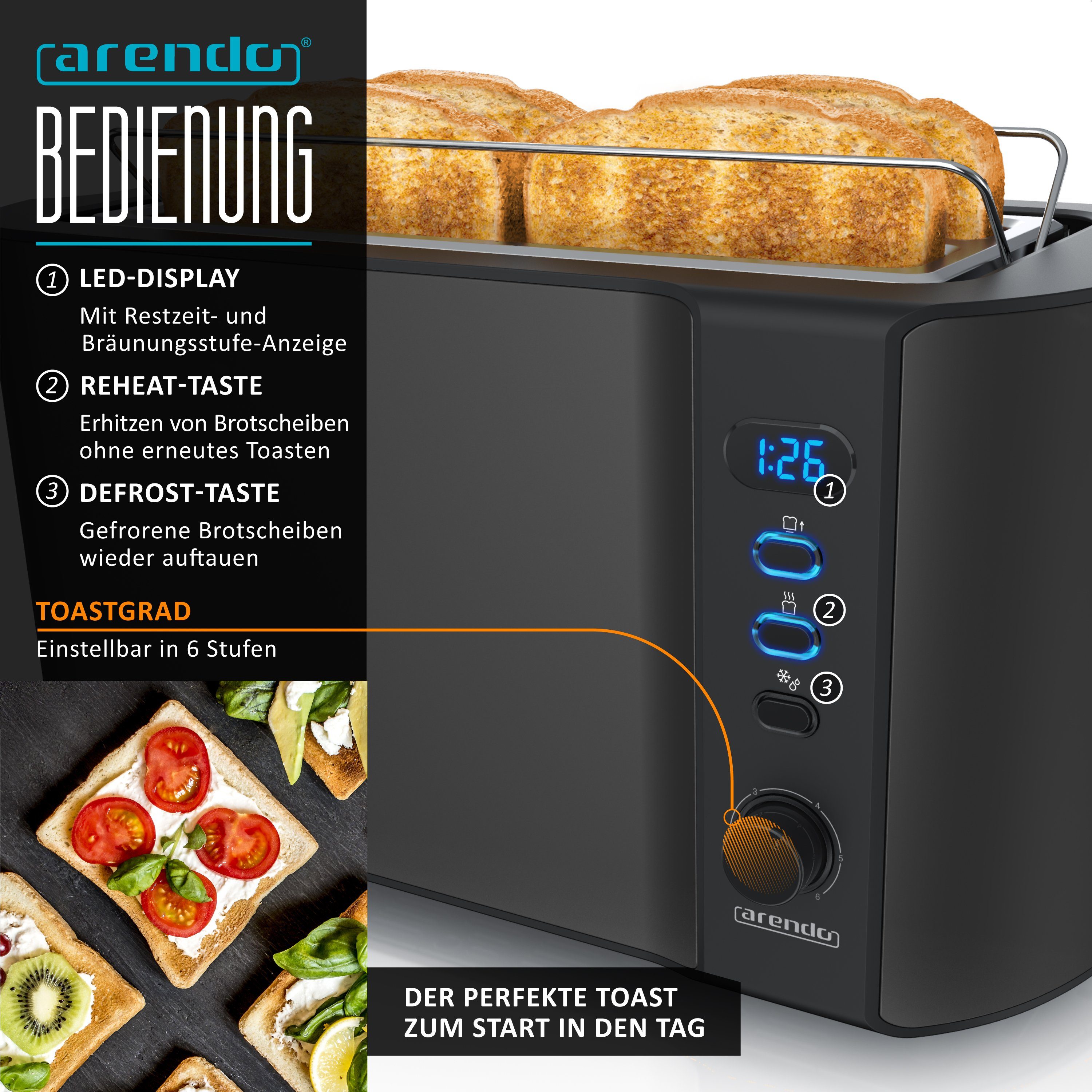 Arendo Frühstücks-Set 4-Scheiben Langschlitz Toaster, 6er Eierkocher, Schwarz (2-tlg), Edelstahl, BPA-frei, GS-geprüfte Sicherheit, fürs Familienfrühstück – Bild 3 von 5