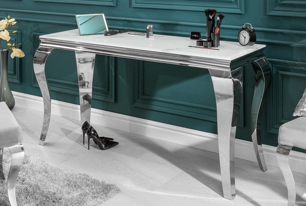 riess-ambiente Konsolentisch MODERN BAROCK 145cm grau / weiß, Glastisch · Marmor-Optik · Edelstahl-Beine – Bild 4 von 5
