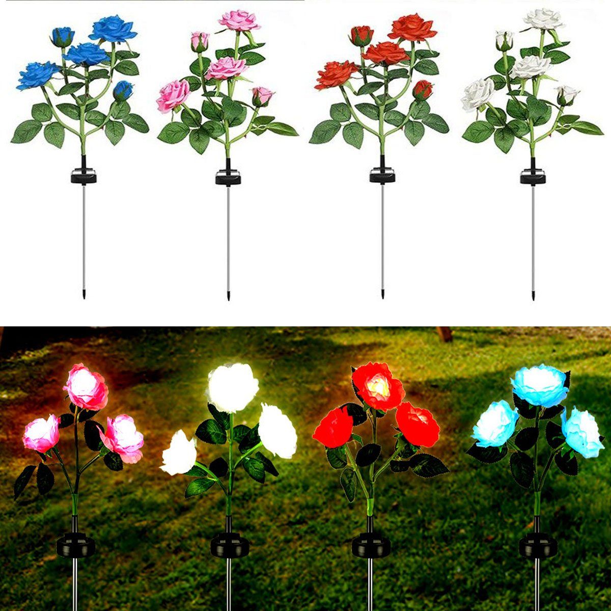 LETGOSPT LED Solarleuchte LED Solar Gartenlampe, Außen Solarleuchte mit LED-Rosen Lichtern, LED fest integriert, Kaltweiß, Wasserdicht IP65 Rose Garten Deko Beleuchtung Außenleuchte 1 Stück blau