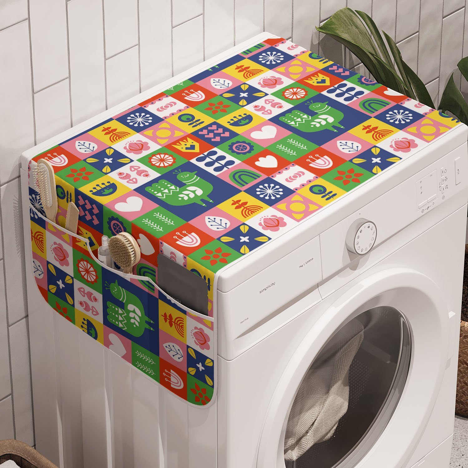 Abakuhaus Badorganizer Anti-Rutsch-Stoffabdeckung für Waschmaschine und Trockner, norwegisch Vögel und Blumen Retro