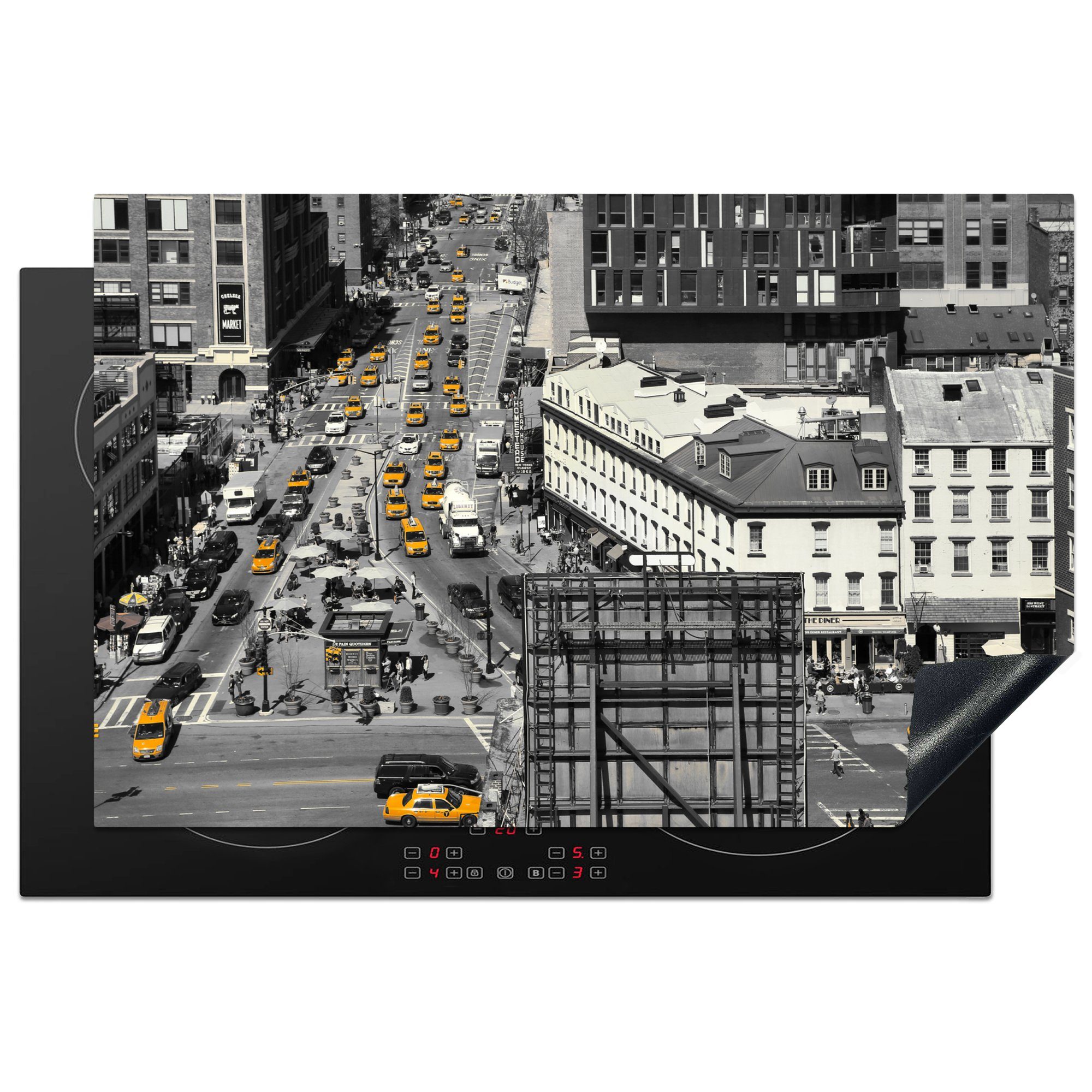 MuchoWow Herdblende-/Abdeckplatte Schwarz-Weiß-Luftaufnahme mit gelben Autos im Verkehr, Vinyl, (1 tlg), 81x52 cm, Induktionskochfeld Schutz für die küche, Ceranfeldabdeckung