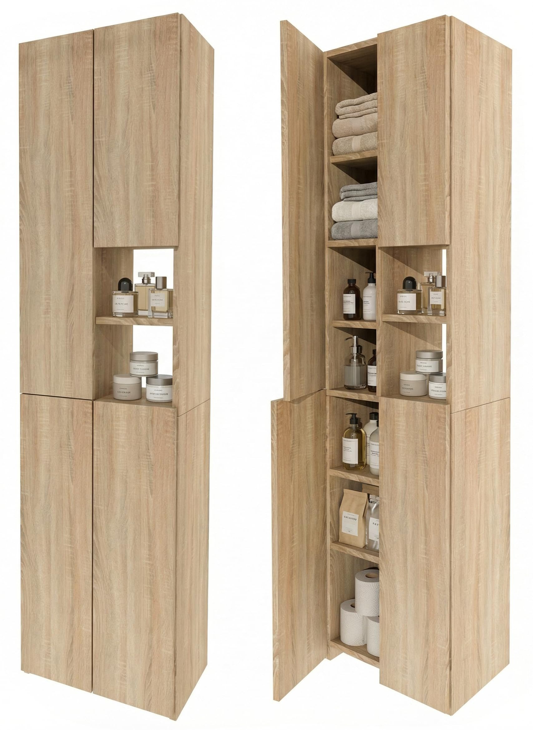 TREND WERK Hochschrank Badschrank schmal stehend B45 x T26,5 x H180 cm (Schmaler Badezimmerschrank mit Regalfächern & Stauraum) Holzoptik, offene & geschlossene Fächer, Standregal Bad, platzsparend