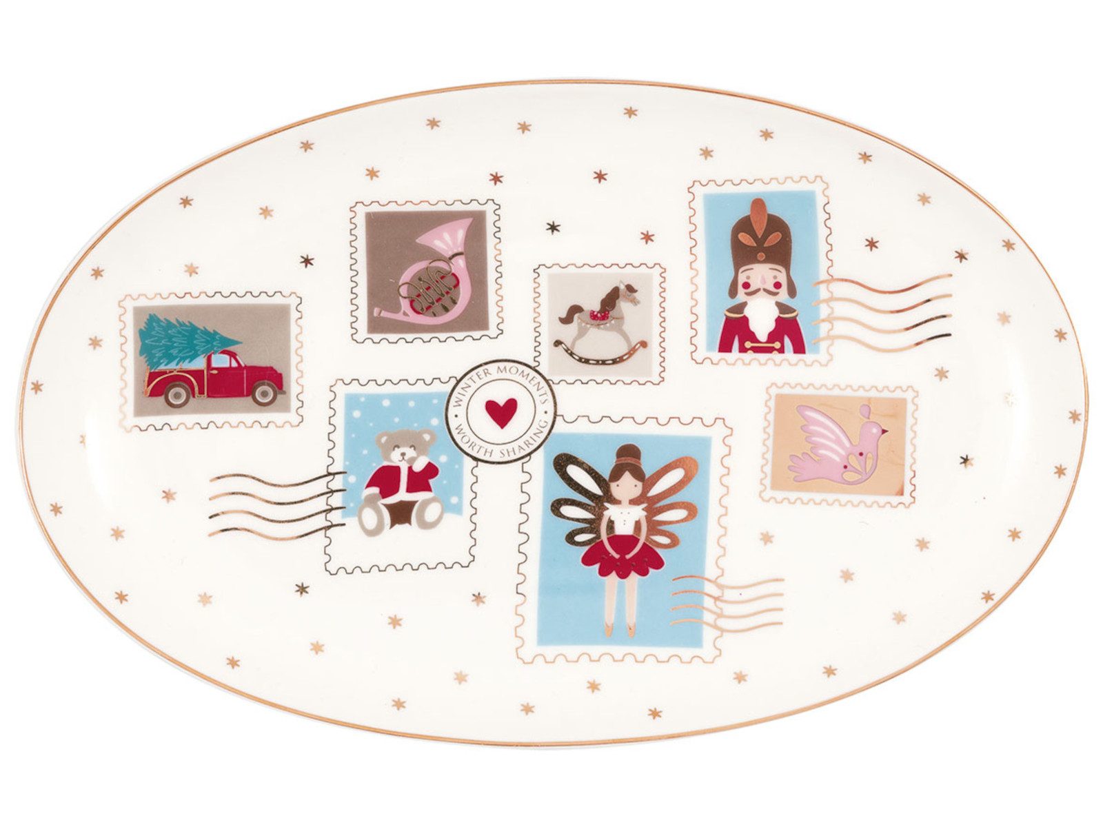 Greengate Servierplatte Xmas letter Servierplatte oval small white 15x24cm, Steingut, (Servierplatten)