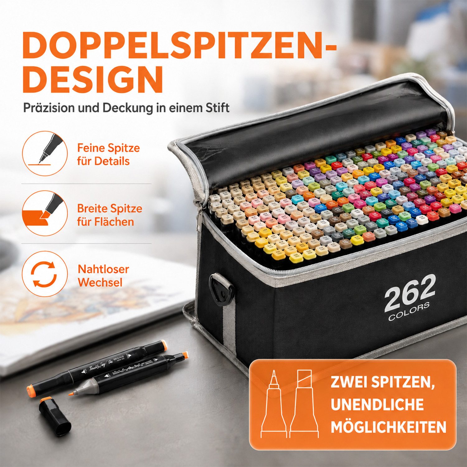 AKKEE Filzstift 204/262 Farben Filzstifte, Doppelte Spitze Permanent Marker Stifte Set, (262-tlg), mit Schwarzer Tragetasche und Abstandshalter für Malerei, Des – Bild 3 von 5
