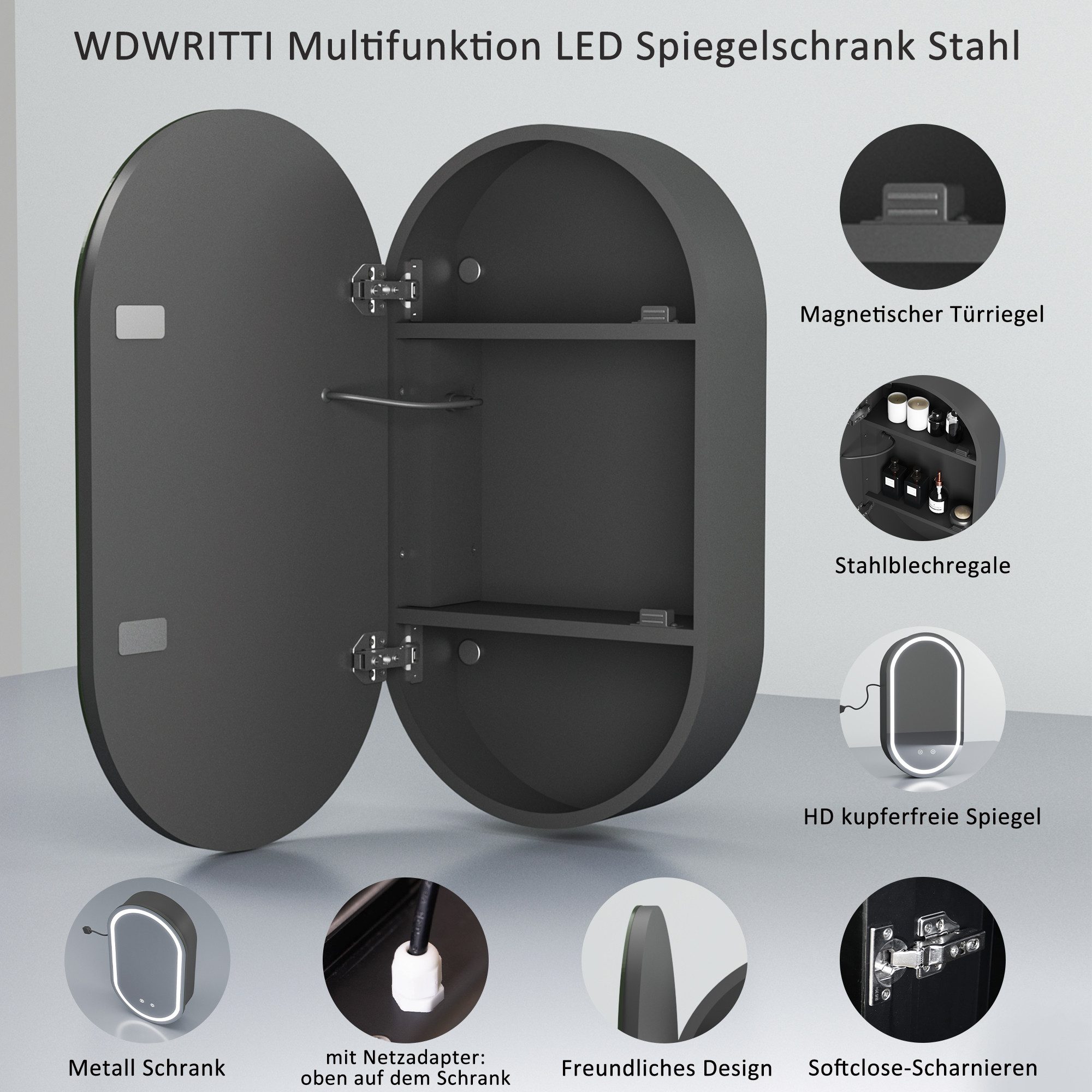 WDWRITTI Spiegelschrank Rund Bogen 70cm LED Badezimmerspiegelschrank mit Beleuchtung modern (Schrank Schwarz Oval, BxH:40x70cm) Stahlblechregale, mit Netzadapter, vormontiert, IP44