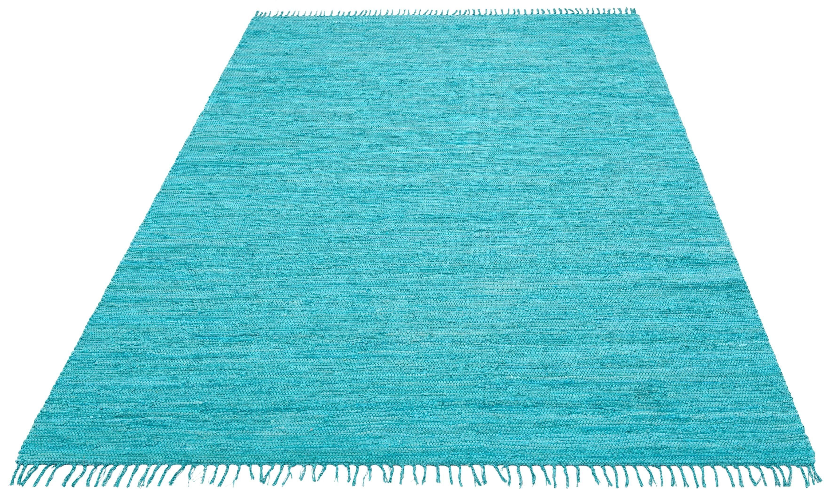 Teppich Paul, Lüttenhütt, rechteckig, Höhe: 5 mm, Wendeteppich, handgewebt, beidseitig verwendbar, mit Fransen türkis
